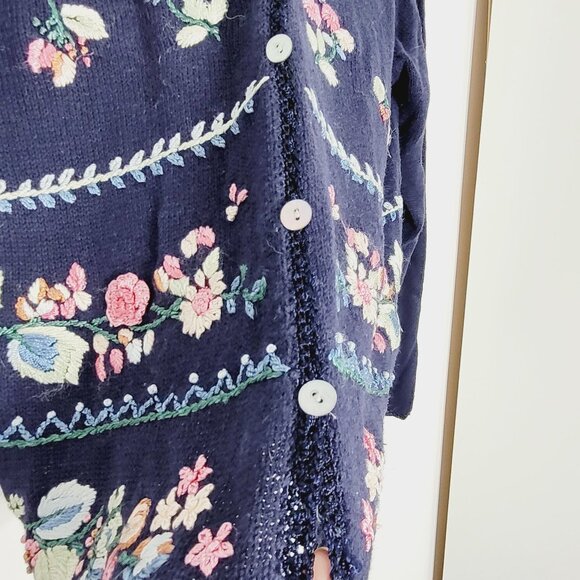 Carol Rose Vintage Navy Blue Knit Cardigan Floral Embroidery Grandma Cottagecore - Picture 6 of 12